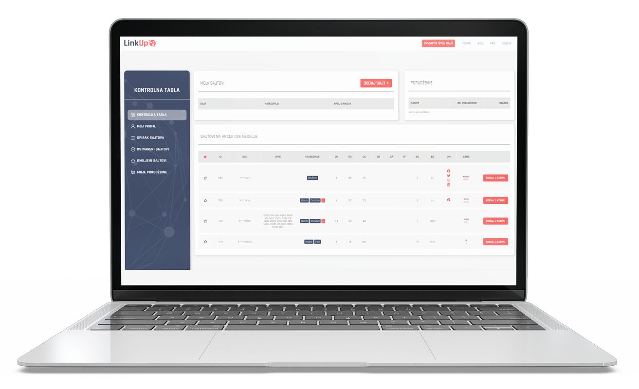 LinkUp SEO platforma na laptopu